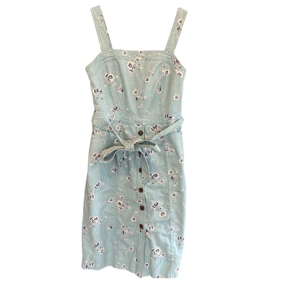 Gap Women’s Linen Belted Apron Dress Robins Egg Blue Floral Size 0 Cottagecore